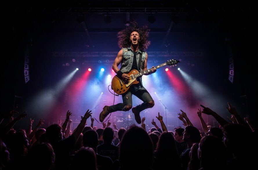 A wide-angle, dramatic shot showcasing the best concert photography East Geelong Victoria, featuring a lead singer mid-scream under dynamic stage lights, surrounded by an energetic crowd.