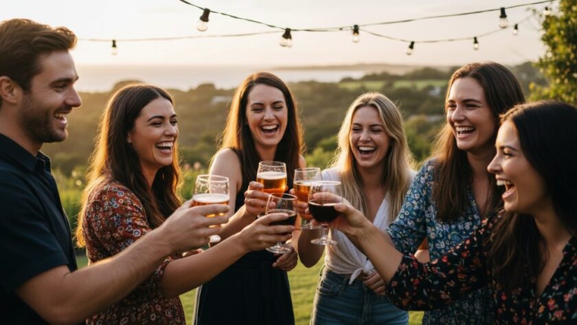 An 'epic moment' photograph by the best party photographer Wonthaggi intimate events can rely on, showing friends laughing and toasting under warm string lights at a rustic Wonthaggi venue, captured with dramatic, flattering light and professional colour grading.
