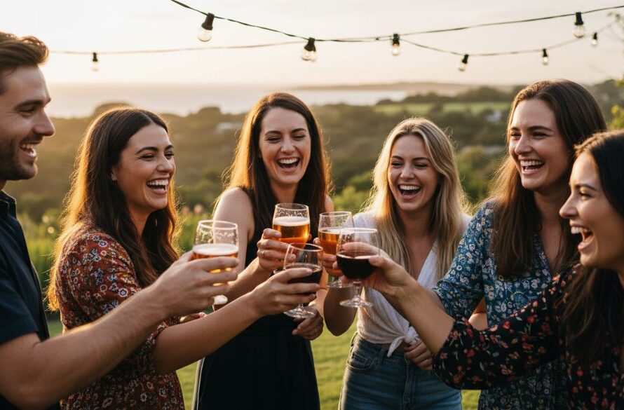 An 'epic moment' photograph by the best party photographer Wonthaggi intimate events can rely on, showing friends laughing and toasting under warm string lights at a rustic Wonthaggi venue, captured with dramatic, flattering light and professional colour grading.