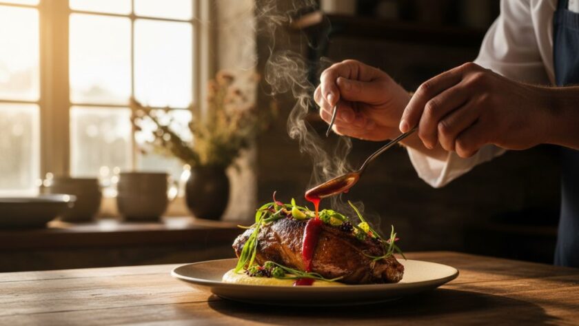 A chef meticulously garnishing a vibrant, locally-sourced dish in a rustic Black Hill kitchen, dramatically lit, showcasing the exquisite Black Hill artisan food photography Victoria experience.