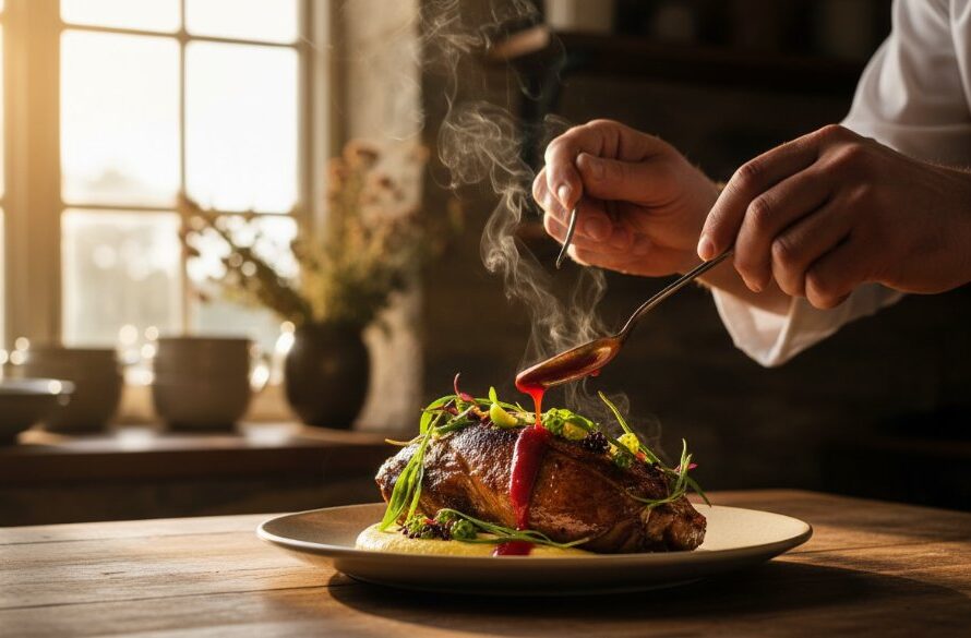 A chef meticulously garnishing a vibrant, locally-sourced dish in a rustic Black Hill kitchen, dramatically lit, showcasing the exquisite Black Hill artisan food photography Victoria experience.