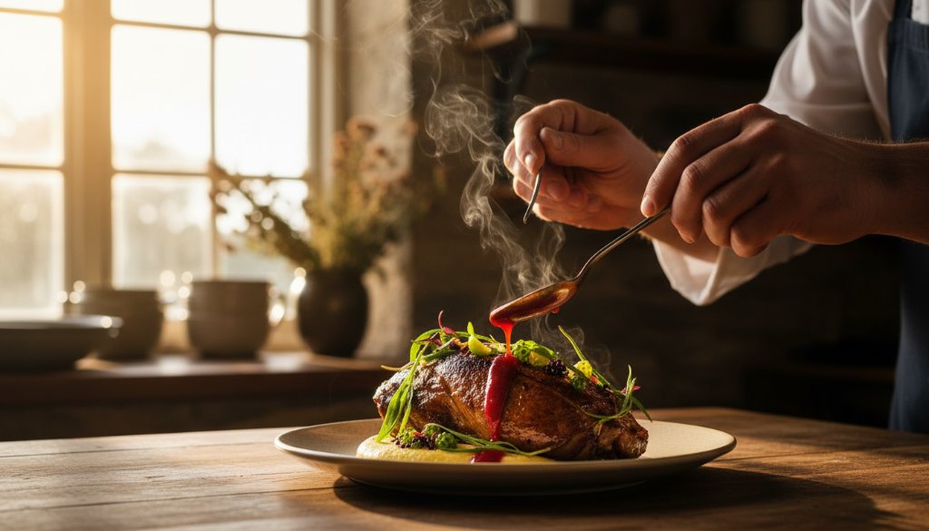 A chef meticulously garnishing a vibrant, locally-sourced dish in a rustic Black Hill kitchen, dramatically lit, showcasing the exquisite Black Hill artisan food photography Victoria experience.