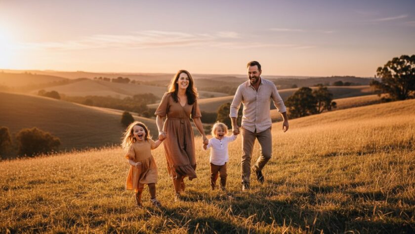 An ecstatic family laughing and embracing on a sun-drenched hilltop in Black Hill, Victoria, capturing Black Hill authentic candid moments Victoria with pure joy and natural connection.
