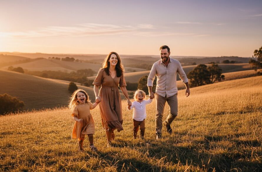 An ecstatic family laughing and embracing on a sun-drenched hilltop in Black Hill, Victoria, capturing Black Hill authentic candid moments Victoria with pure joy and natural connection.