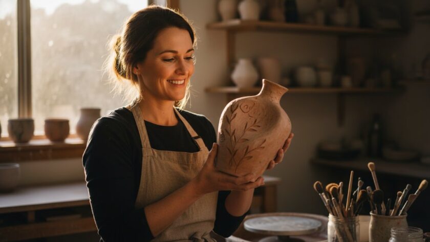 Dynamic portrait of a Black Hill cafe owner proudly presenting a locally roasted coffee bean blend, bathed in warm morning light, representing Black Hill branding photography elevating local businesses.