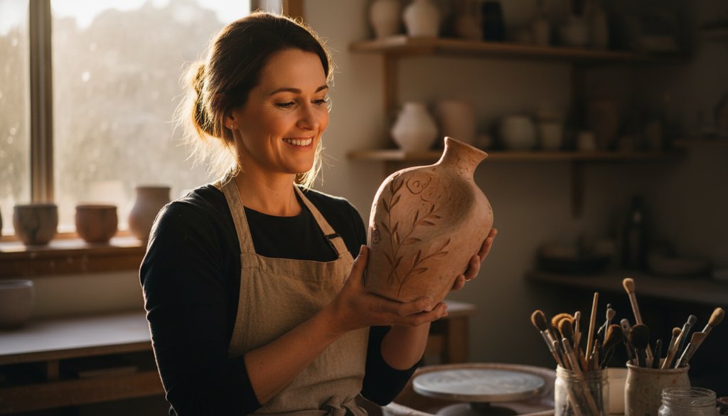 Dynamic portrait of a Black Hill cafe owner proudly presenting a locally roasted coffee bean blend, bathed in warm morning light, representing Black Hill branding photography elevating local businesses.
