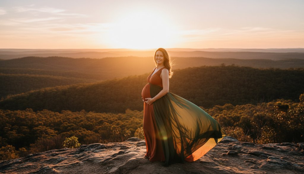 An expectant mother, silhouetted by the golden hour sun, standing gracefully amidst the rolling hills of Black Hill, Victoria, her pregnancy celebrated in a stunning Black Hill maternity photography outdoor glow shot, evoking warmth and anticipation.