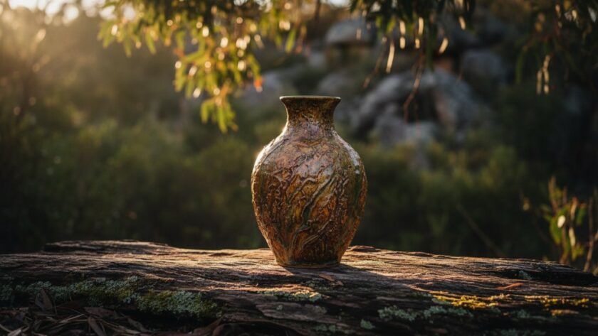 Dramatic close-up product photography of a handcrafted ceramic mug, captured at golden hour with soft, warm light cascading over its unique texture, set against a subtly blurred natural backdrop reminiscent of Black Hill's rugged beauty, emphasizing artisan quality and elegance, showcasing Black Hill product photography to elevate local brands.