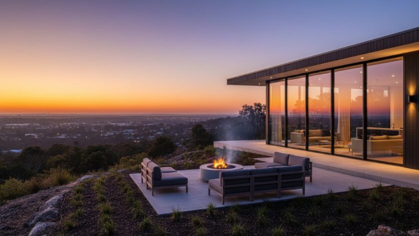 Dramatic wide-angle shot of a modern home on Black Hill, Victoria, with sweeping views of Ballarat in the golden hour, professionally capturing Black Hill property photography showcasing natural light, highlighting a luxurious outdoor living area with a perfectly styled fire pit.