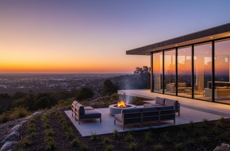 Dramatic wide-angle shot of a modern home on Black Hill, Victoria, with sweeping views of Ballarat in the golden hour, professionally capturing Black Hill property photography showcasing natural light, highlighting a luxurious outdoor living area with a perfectly styled fire pit.