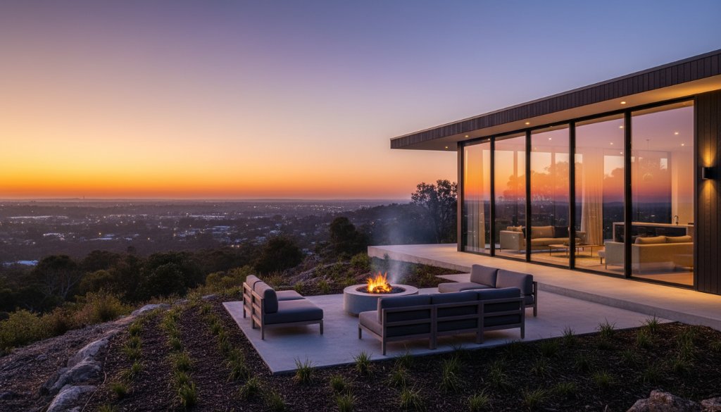 Dramatic wide-angle shot of a modern home on Black Hill, Victoria, with sweeping views of Ballarat in the golden hour, professionally capturing Black Hill property photography showcasing natural light, highlighting a luxurious outdoor living area with a perfectly styled fire pit.
