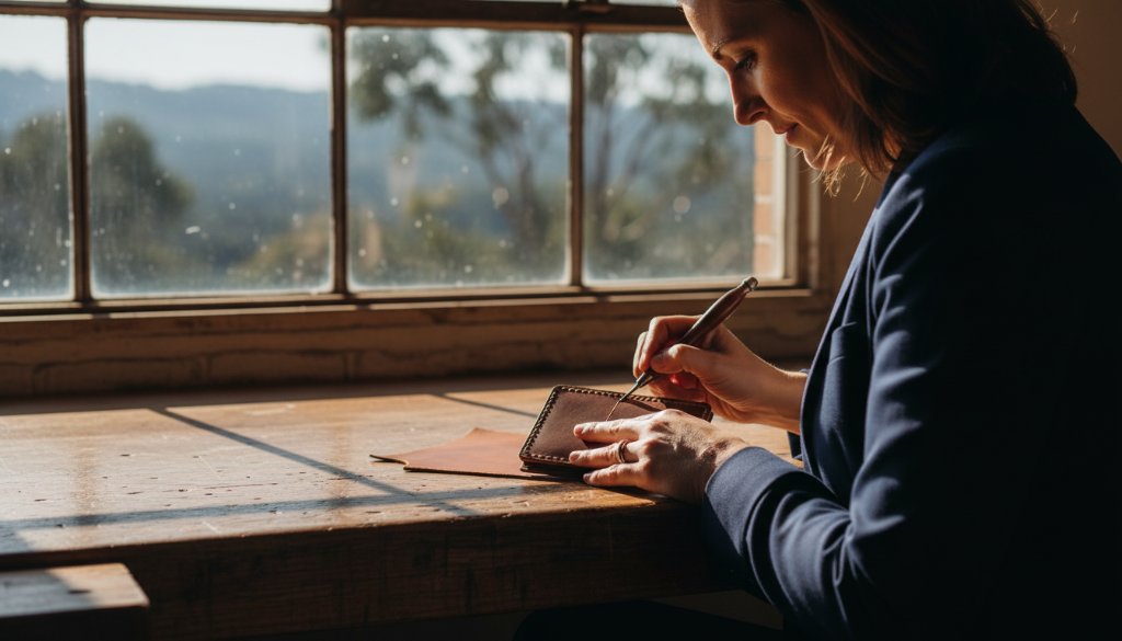 A dramatic, golden hour shot of a local artisan carefully hand-finishing a unique ceramic piece on a rustic workbench in Black Hill, Victoria, with the misty backdrop of the Black Hill Reserve, epitomising compelling Black Hill Victoria Artisan Brand Advertising Photography.