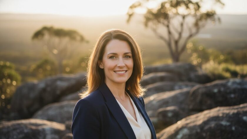 A striking professional headshot taken at Black Hill, Victoria, featuring a confident individual with a warm, genuine smile, framed by the natural bushland backdrop during golden hour, with dramatic backlighting creating a cinematic, authentic feel.