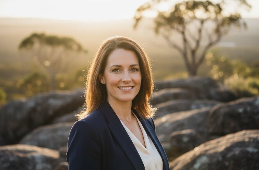 A striking professional headshot taken at Black Hill, Victoria, featuring a confident individual with a warm, genuine smile, framed by the natural bushland backdrop during golden hour, with dramatic backlighting creating a cinematic, authentic feel.