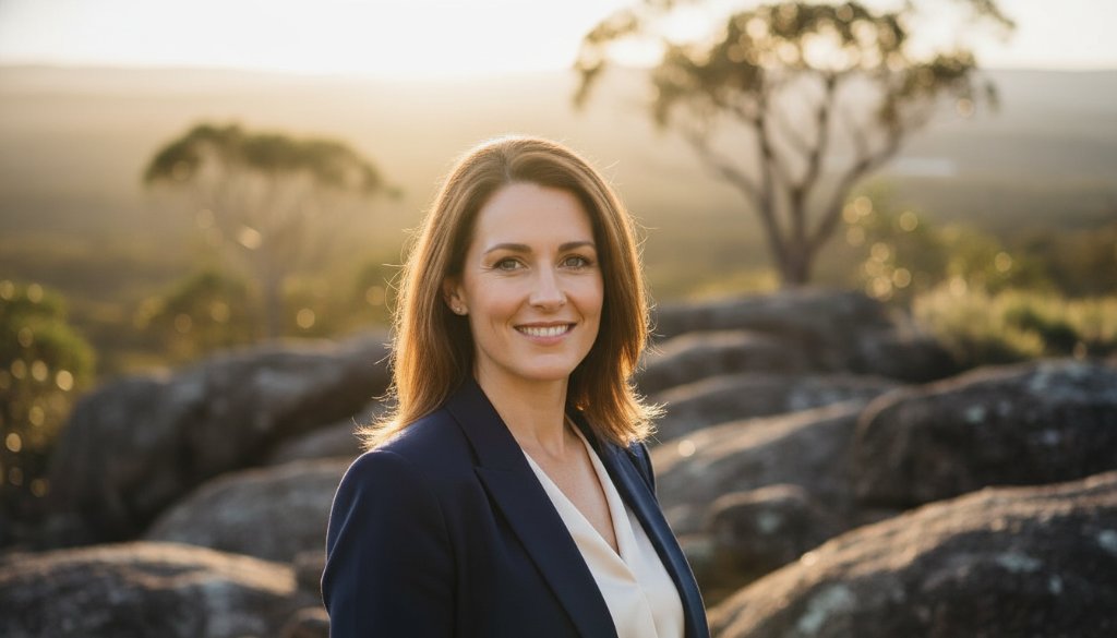 A striking professional headshot taken at Black Hill, Victoria, featuring a confident individual with a warm, genuine smile, framed by the natural bushland backdrop during golden hour, with dramatic backlighting creating a cinematic, authentic feel.