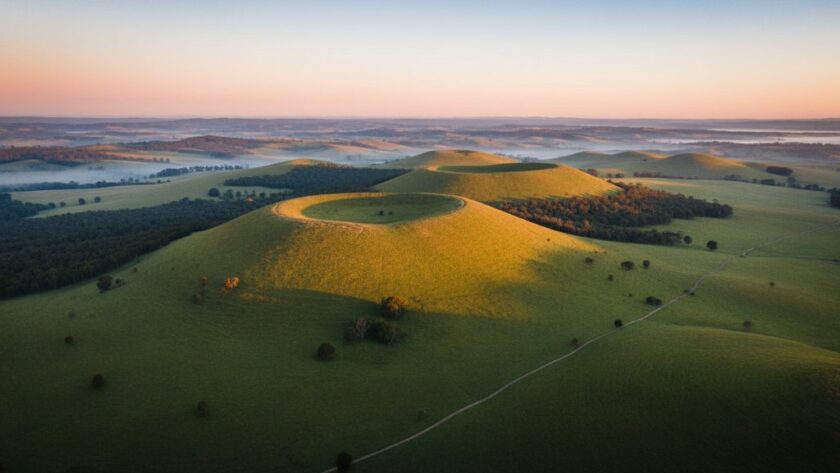 An awe-inspiring drone photograph capturing the expansive, verdant rolling hills and distant volcanic cones of Black Hill, Victoria at sunrise, with golden light illuminating the landscape and a misty valley below, showcasing the dramatic scale and beauty of the region from an epic high-angle panoramic view, highlighting the unique terrain for Black Hill Victoria drone photography panoramic views.