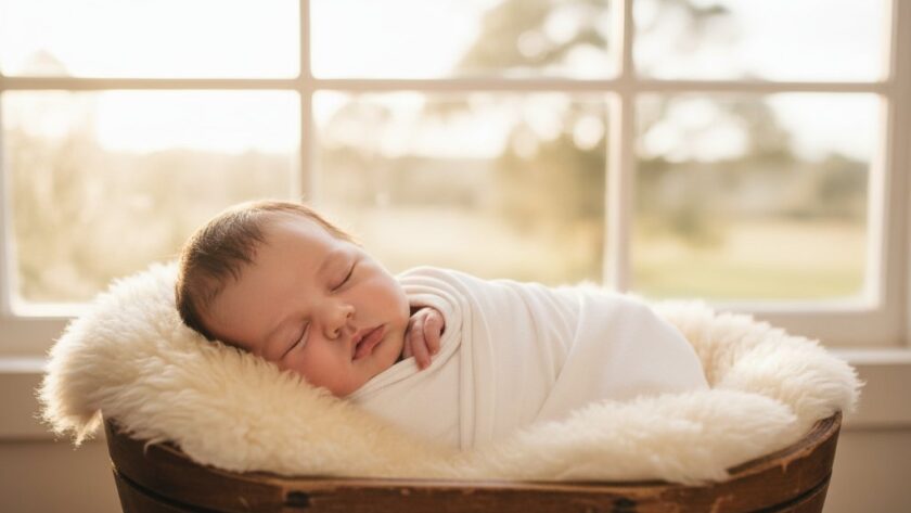 An epic moment of Black Hill Victoria gentle newborn photography featuring a sleeping baby swaddled in soft white fabric, gently held by a parent's hands, bathed in warm, ethereal light from a window, capturing innocence and love with professional colour grading.