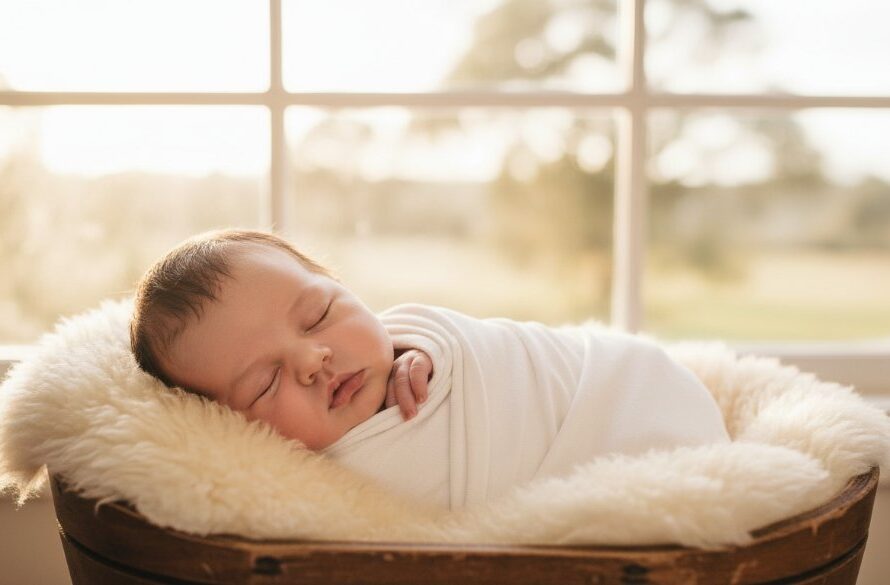 An epic moment of Black Hill Victoria gentle newborn photography featuring a sleeping baby swaddled in soft white fabric, gently held by a parent's hands, bathed in warm, ethereal light from a window, capturing innocence and love with professional colour grading.