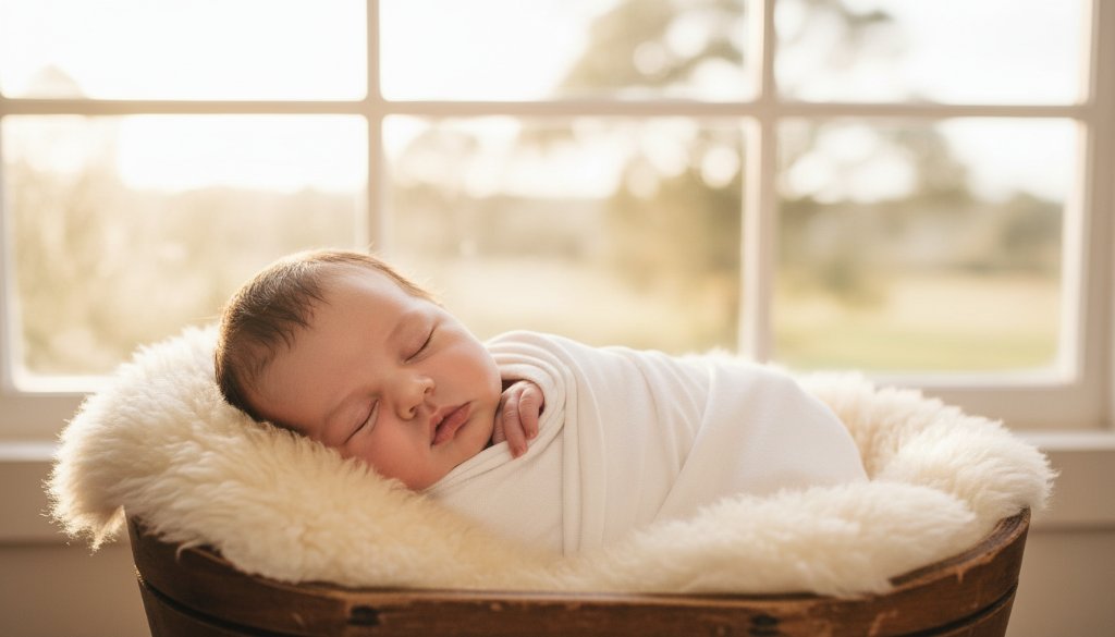 An epic moment of Black Hill Victoria gentle newborn photography featuring a sleeping baby swaddled in soft white fabric, gently held by a parent's hands, bathed in warm, ethereal light from a window, capturing innocence and love with professional colour grading.