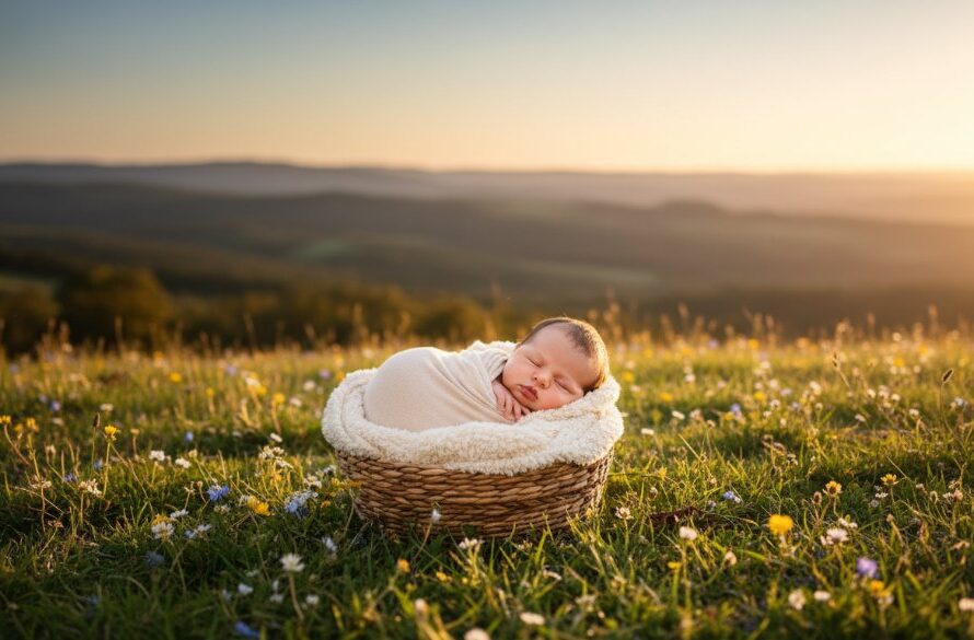 A stunning, golden-hour 'epic moment' photograph featuring Black Hill Victoria gentle outdoor newborn photography, showing a peacefully sleeping baby swaddled in natural fibres, nestled amongst a sun-dappled field with the rolling hills of Black Hill in the background, captured with dramatic lighting and professional color grading.