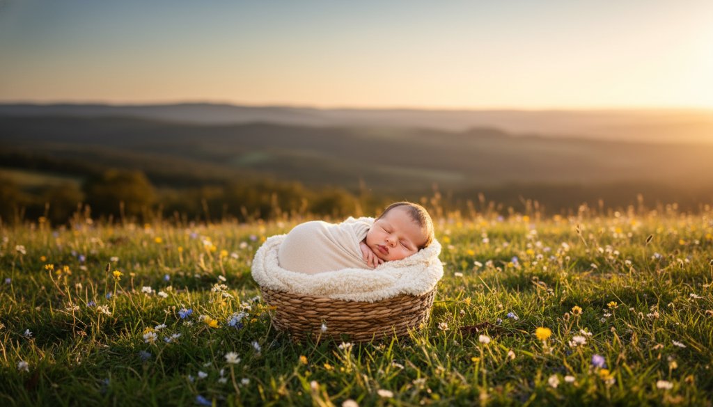A stunning, golden-hour 'epic moment' photograph featuring Black Hill Victoria gentle outdoor newborn photography, showing a peacefully sleeping baby swaddled in natural fibres, nestled amongst a sun-dappled field with the rolling hills of Black Hill in the background, captured with dramatic lighting and professional color grading.
