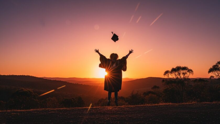 An epic moment captured in Black Hill Victoria graduation photography candid moments, showing a joyful graduate mid-air, cap thrown, silhouetted against a golden sunset over the Black Hill landscape, celebrating their achievement.