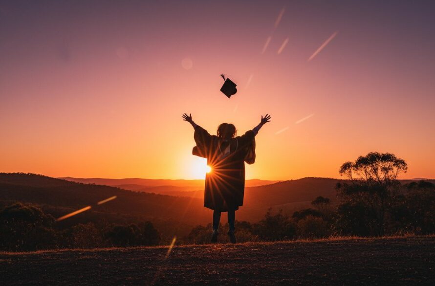 An epic moment captured in Black Hill Victoria graduation photography candid moments, showing a joyful graduate mid-air, cap thrown, silhouetted against a golden sunset over the Black Hill landscape, celebrating their achievement.