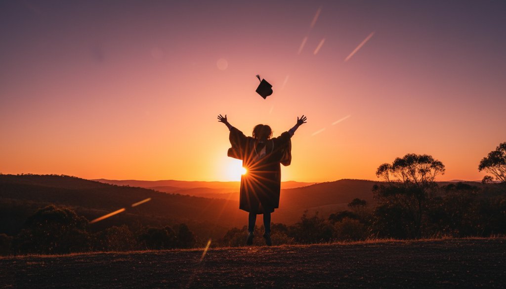 An epic moment captured in Black Hill Victoria graduation photography candid moments, showing a joyful graduate mid-air, cap thrown, silhouetted against a golden sunset over the Black Hill landscape, celebrating their achievement.