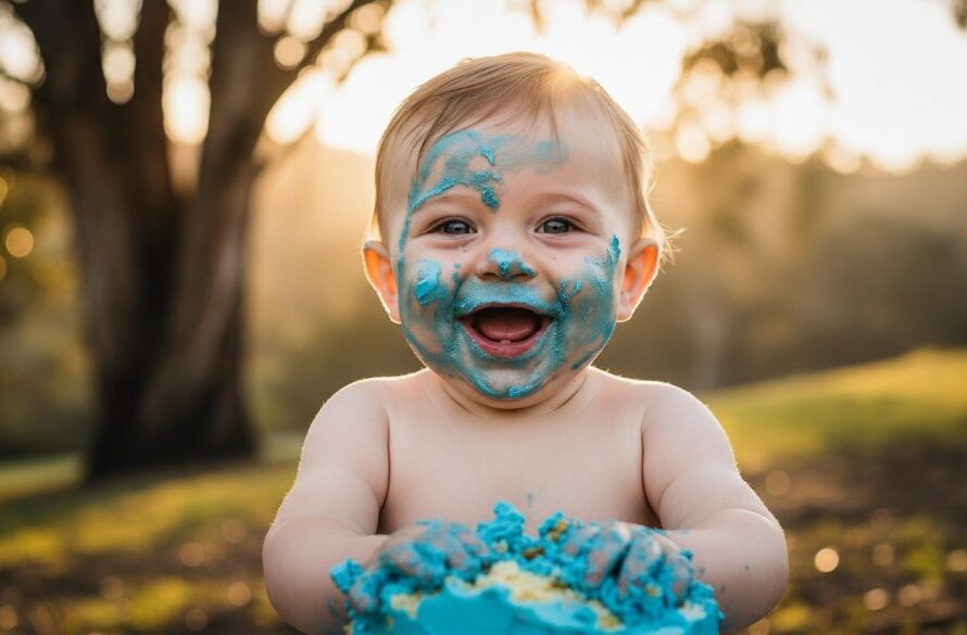 A vibrant and joyful close-up photograph capturing a baby boy covered in cake, laughing exuberantly amidst colourful balloons and frosting, during a Black Hill Victoria joyous cake smash photography session.