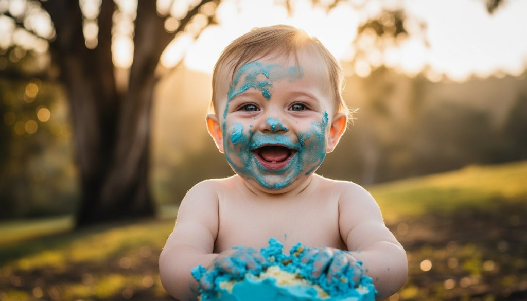 A vibrant and joyful close-up photograph capturing a baby boy covered in cake, laughing exuberantly amidst colourful balloons and frosting, during a Black Hill Victoria joyous cake smash photography session.