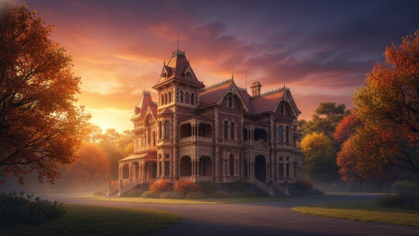 Epic moment capturing the intricate details of a grand Victorian-era mansion in Black Hill under dramatic, golden hour light, showcasing Black Hill Victorian architecture photography.
