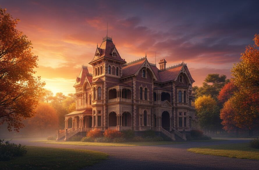 Epic moment capturing the intricate details of a grand Victorian-era mansion in Black Hill under dramatic, golden hour light, showcasing Black Hill Victorian architecture photography.