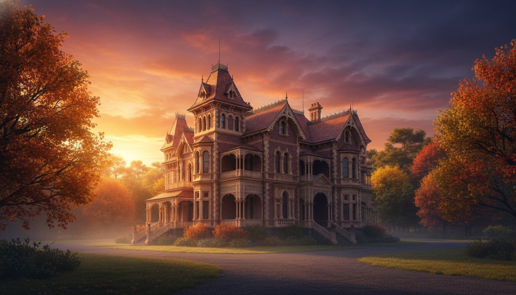Epic moment capturing the intricate details of a grand Victorian-era mansion in Black Hill under dramatic, golden hour light, showcasing Black Hill Victorian architecture photography.