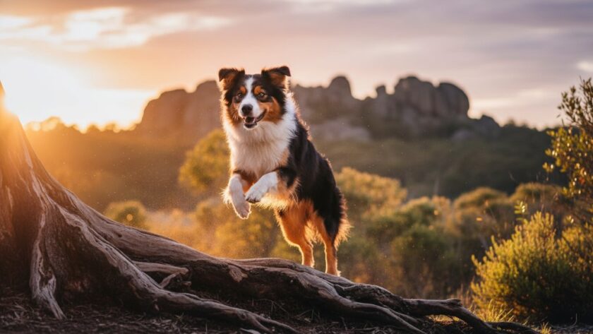 A majestic golden retriever joyfully leaping through golden grass during Black Hill Victorian golden hour pet portraits, with dramatic sun flares and warm, professional lighting, capturing an epic moment of pure happiness.
