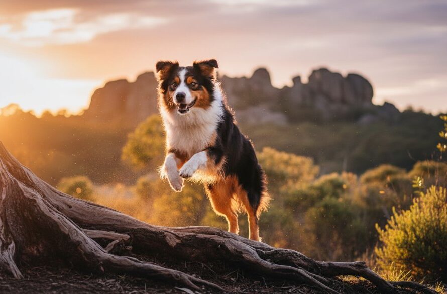 A majestic golden retriever joyfully leaping through golden grass during Black Hill Victorian golden hour pet portraits, with dramatic sun flares and warm, professional lighting, capturing an epic moment of pure happiness.