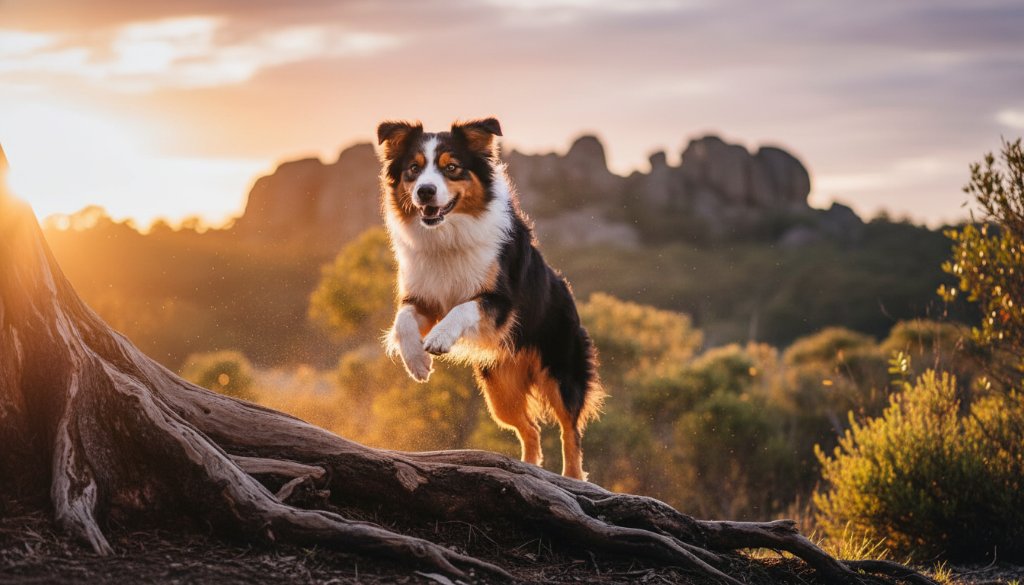 A majestic golden retriever joyfully leaping through golden grass during Black Hill Victorian golden hour pet portraits, with dramatic sun flares and warm, professional lighting, capturing an epic moment of pure happiness.