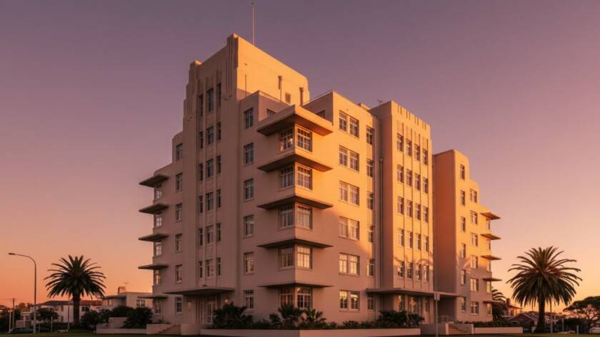 Dramatic wide-angle shot capturing the sweeping curves and geometric patterns of a sun-drenched Art Deco building in Black Rock, Victoria, showcasing Black Rock art deco architecture photography with deep shadows and golden hour light.