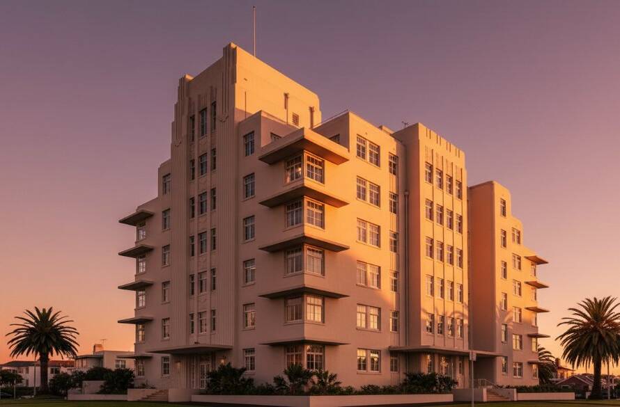 Dramatic wide-angle shot capturing the sweeping curves and geometric patterns of a sun-drenched Art Deco building in Black Rock, Victoria, showcasing Black Rock art deco architecture photography with deep shadows and golden hour light.