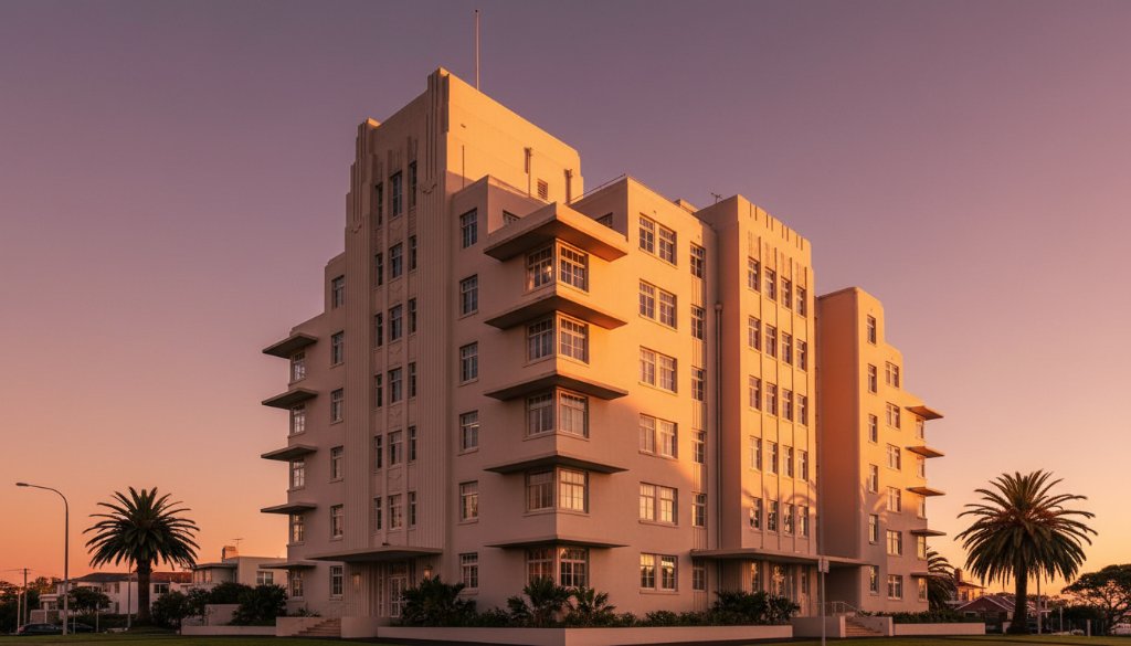 Dramatic wide-angle shot capturing the sweeping curves and geometric patterns of a sun-drenched Art Deco building in Black Rock, Victoria, showcasing Black Rock art deco architecture photography with deep shadows and golden hour light.