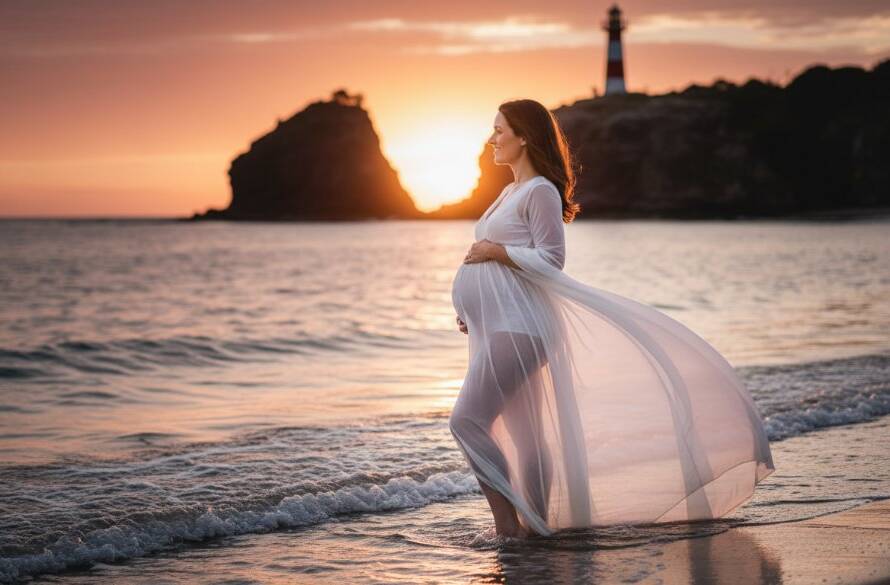 An expectant mother in a flowing elegant gown at sunset during a Black Rock beach maternity photoshoot Victoria, silhouetted against the vibrant orange sky with gentle waves lapping nearby, capturing a serene and epic moment of anticipation.