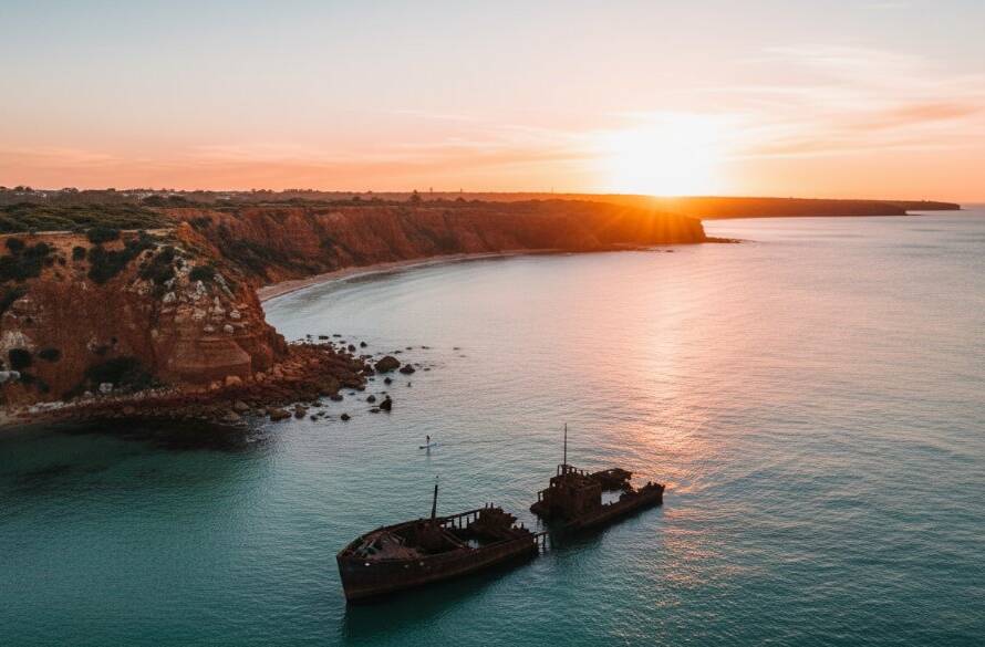 An epic Black Rock drone photography for breathtaking views capturing the golden hour over the iconic red cliffs and crystal-clear turquoise waters of Half Moon Bay, with a lone kayaker silhouetted against the vibrant sunset, showcasing the dramatic beauty of the Victorian coastline.