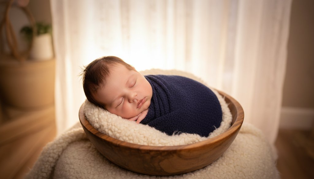 An intimate, emotionally resonant 'epic moment' photograph from a Black Rock gentle newborn photography studio session. A tiny newborn baby, swaddled in soft cream fabric, is gently cradled in their parent's hands, silhouetted against a softly diffused window light. The light catches the baby's delicate features and parent's loving embrace, evoking warmth and connection. Professional color grading enhances the tender, cinematic mood.
