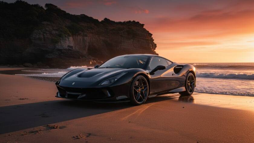 Dramatic shot of a sleek, black high-performance sports car parked at sunset on the Black Rock foreshore, with waves gently crashing behind it, highlighting expert Black Rock high-performance automotive photography.
