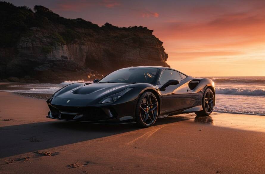 Dramatic shot of a sleek, black high-performance sports car parked at sunset on the Black Rock foreshore, with waves gently crashing behind it, highlighting expert Black Rock high-performance automotive photography.