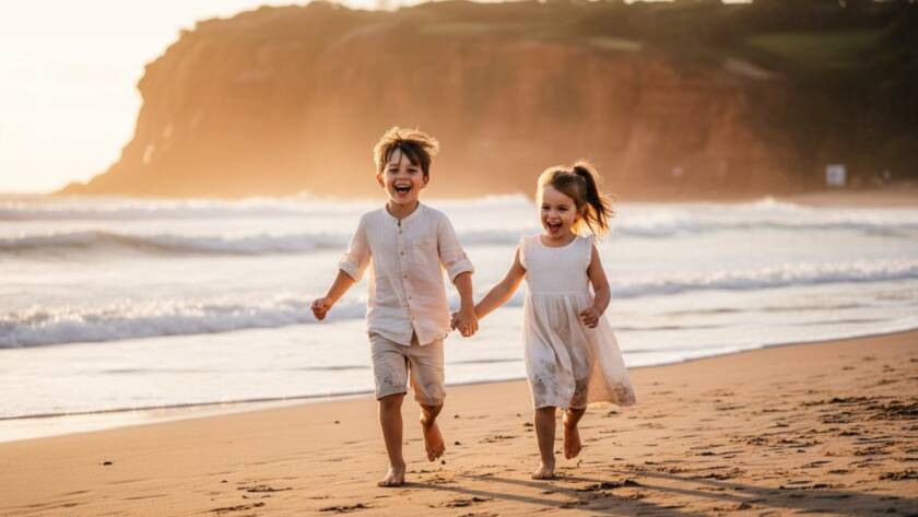 A Black Rock kids photography capturing genuine joy image featuring two siblings laughing as they run along the sand at sunset, dramatic backlighting, professional colour grading.
