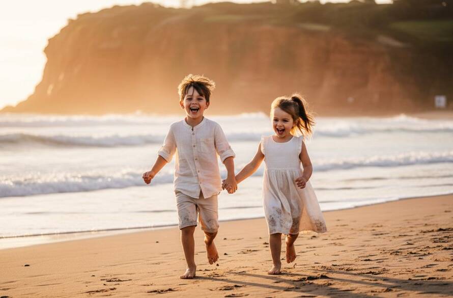 A Black Rock kids photography capturing genuine joy image featuring two siblings laughing as they run along the sand at sunset, dramatic backlighting, professional colour grading.