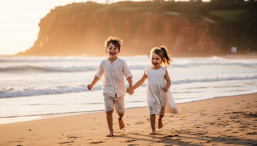 A Black Rock kids photography capturing genuine joy image featuring two siblings laughing as they run along the sand at sunset, dramatic backlighting, professional colour grading.