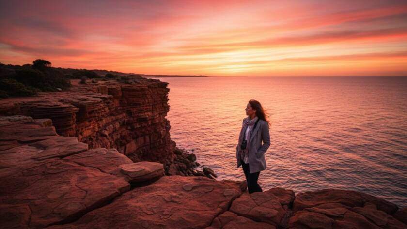 An emotionally resonant, professional Black Rock lifestyle editorial photography Melbourne image depicting a stylish young woman laughing genuinely while walking along the sandy beach at sunset, with the iconic Black Rock cliff face and Red Bluff in the soft, golden hour light, waves gently lapping, showcasing a serene yet vibrant coastal moment.