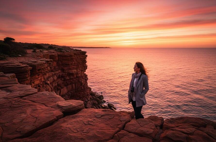 An emotionally resonant, professional Black Rock lifestyle editorial photography Melbourne image depicting a stylish young woman laughing genuinely while walking along the sandy beach at sunset, with the iconic Black Rock cliff face and Red Bluff in the soft, golden hour light, waves gently lapping, showcasing a serene yet vibrant coastal moment.