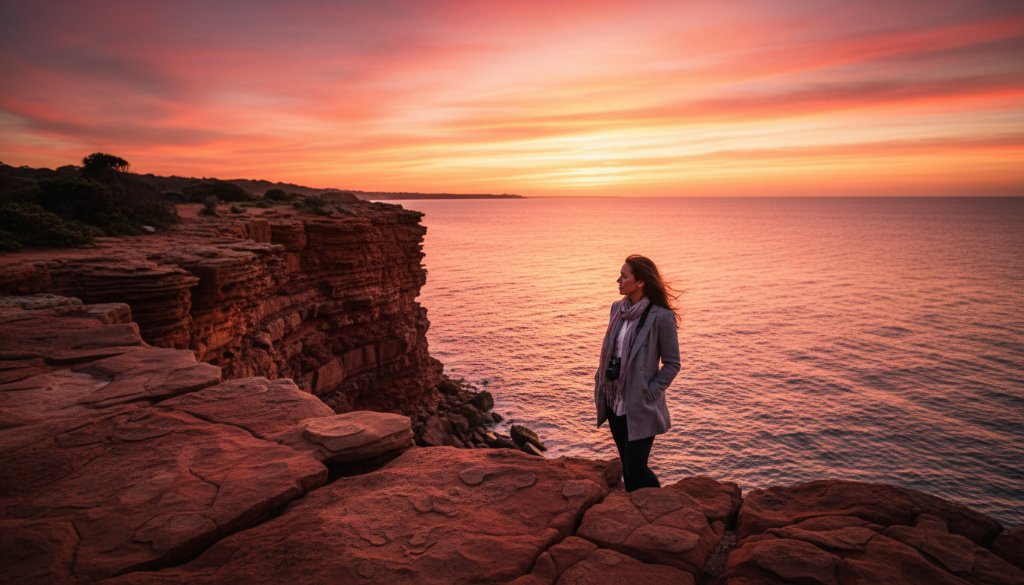An emotionally resonant, professional Black Rock lifestyle editorial photography Melbourne image depicting a stylish young woman laughing genuinely while walking along the sandy beach at sunset, with the iconic Black Rock cliff face and Red Bluff in the soft, golden hour light, waves gently lapping, showcasing a serene yet vibrant coastal moment.